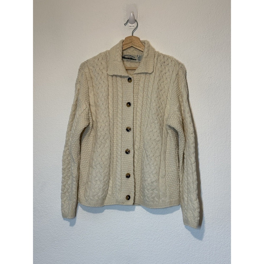 Aran Crafts Women M Sweater Ivory Long Sleeve Cable Knit Merino Wool Cardigan